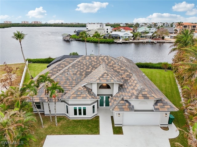 aerial view with a water view