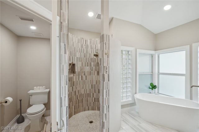 bathroom with toilet, independent shower and bath, and lofted ceiling