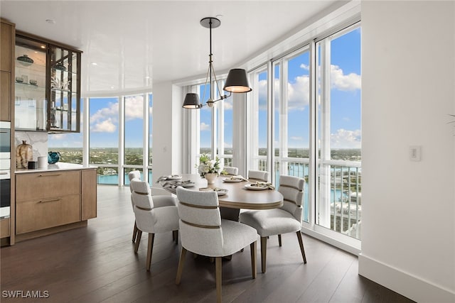 dining space with dark hardwood / wood-style floors, a water view, a healthy amount of sunlight, and floor to ceiling windows