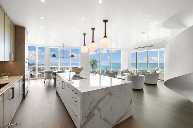 kitchen with a spacious island, dark hardwood / wood-style floors, decorative light fixtures, white cabinetry, and a water view