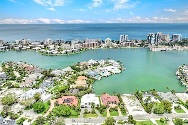 drone / aerial view with a water view