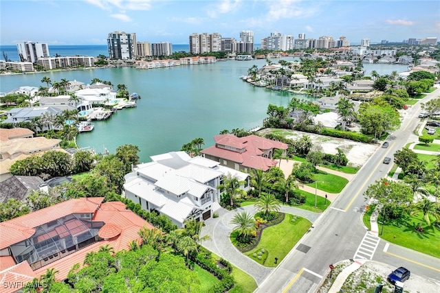 aerial view featuring a water view