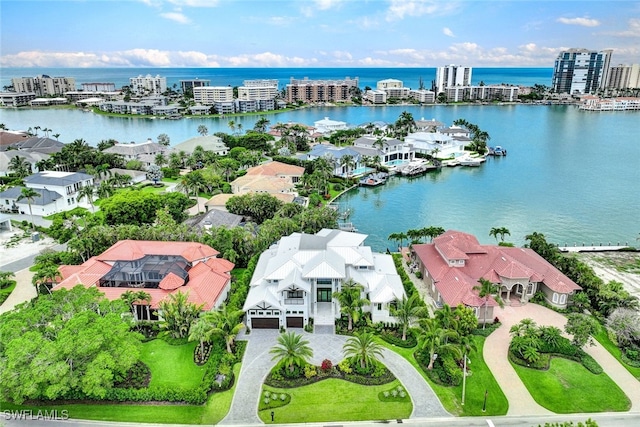 drone / aerial view featuring a water view