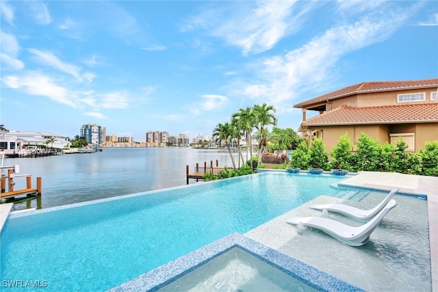 view of pool featuring a dock and a water view