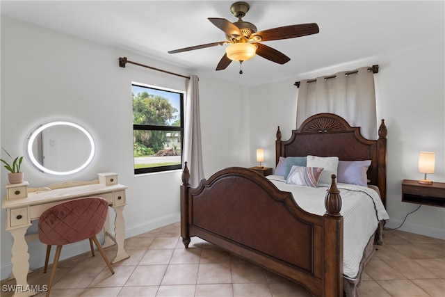 bedroom featuring ceiling fan and light tile patterned floors