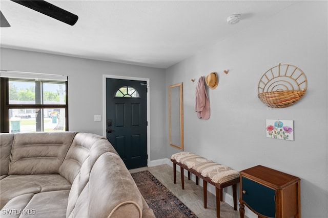 living room featuring ceiling fan