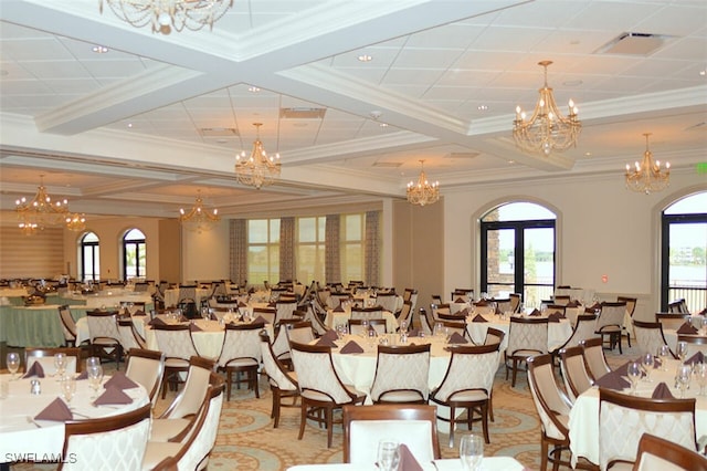 dining space with beam ceiling, french doors, coffered ceiling, and ornamental molding