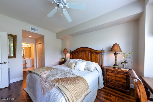 bedroom with ceiling fan, dark hardwood / wood-style floors, and ensuite bathroom