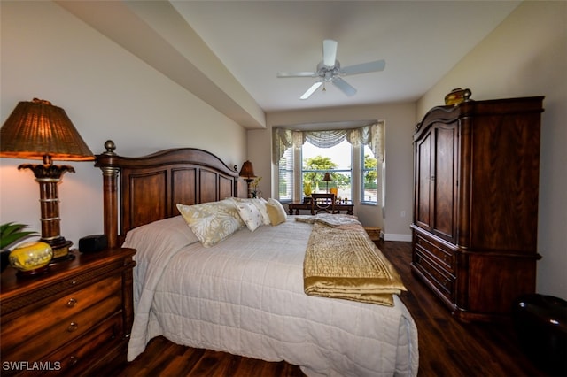 bedroom featuring ceiling fan and dark wood-type flooring