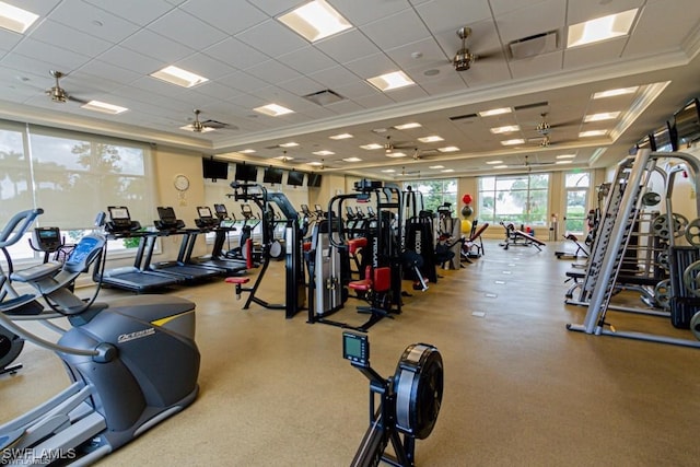 exercise room with a drop ceiling, ceiling fan, and ornamental molding