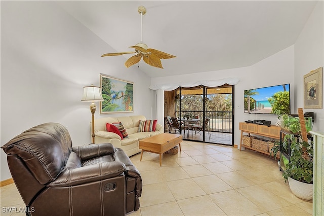 tiled living room with ceiling fan and lofted ceiling