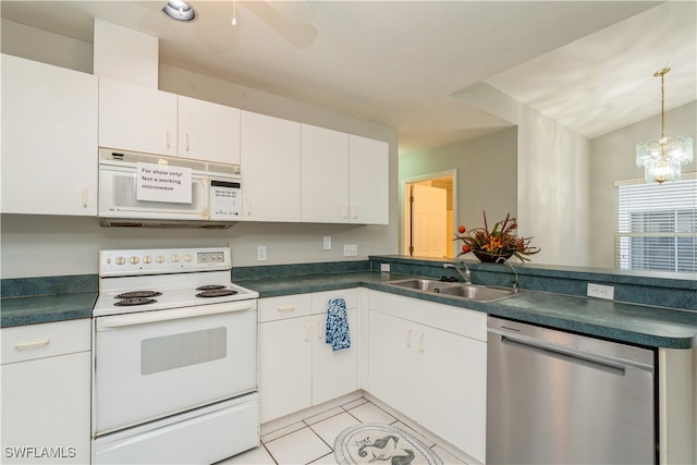 kitchen with sink, a notable chandelier, decorative light fixtures, white cabinets, and white appliances