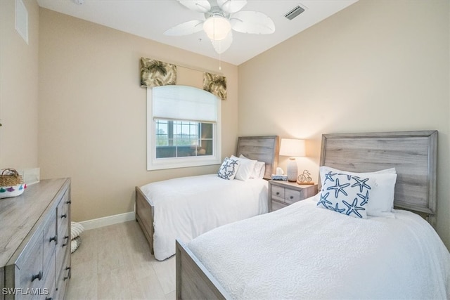 bedroom with ceiling fan, visible vents, and baseboards