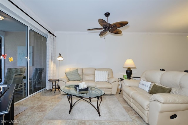 living room featuring crown molding and ceiling fan