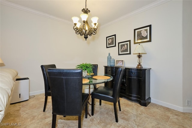 dining space featuring crown molding and a notable chandelier