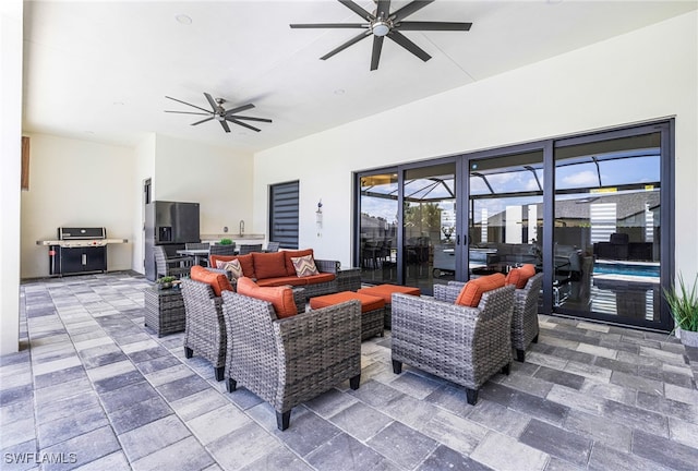 living room featuring ceiling fan