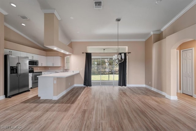 kitchen with white cabinetry, hanging light fixtures, light hardwood / wood-style flooring, kitchen peninsula, and appliances with stainless steel finishes