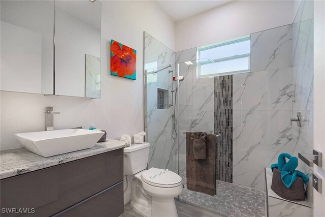 bathroom featuring vanity, walk in shower, and toilet