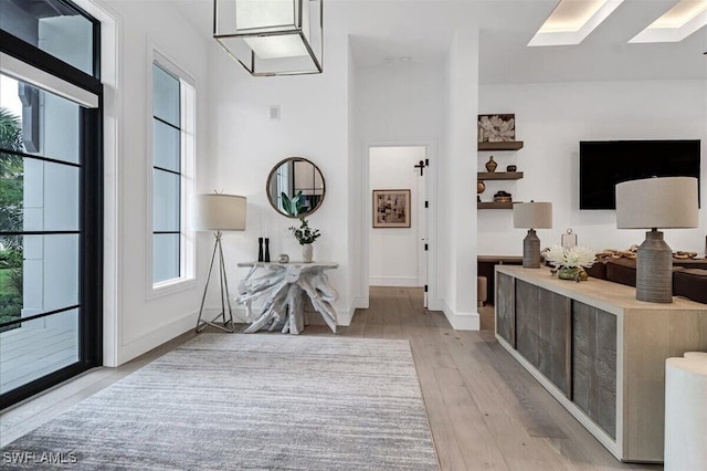 corridor featuring light hardwood / wood-style floors and a skylight