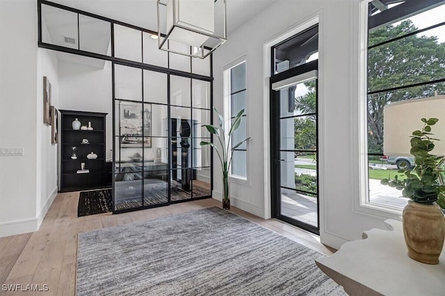 interior space with a high ceiling and wood-type flooring