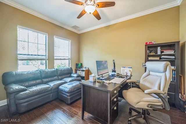 office space with ornamental molding, dark wood-type flooring, and ceiling fan