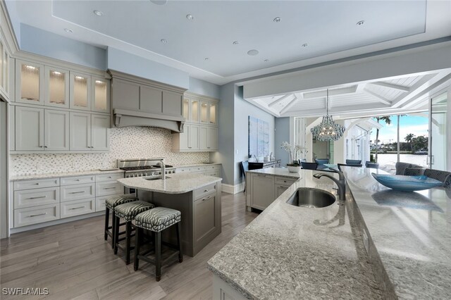 kitchen featuring tasteful backsplash, glass insert cabinets, light stone countertops, a kitchen island with sink, and a sink