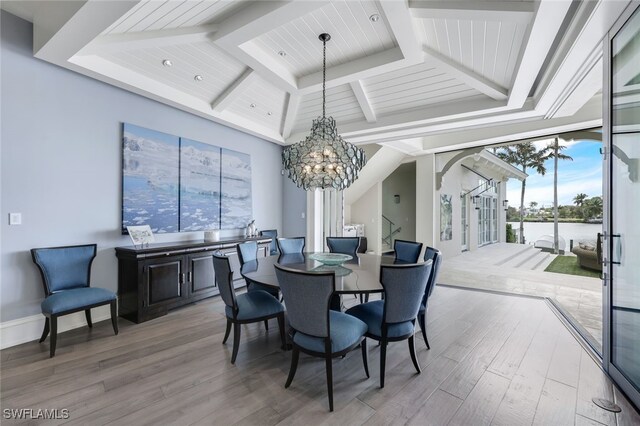 dining room featuring wood ceiling, a notable chandelier, beam ceiling, and wood-type flooring