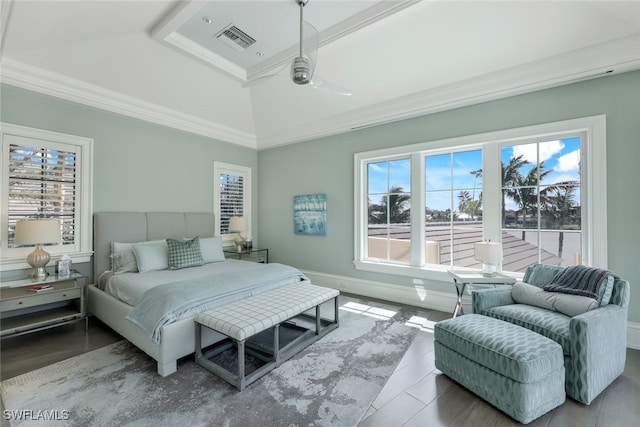 bedroom with lofted ceiling, baseboards, visible vents, and crown molding