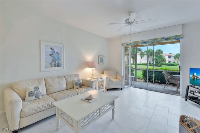 living room featuring ceiling fan