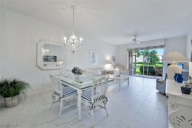 dining space with ceiling fan with notable chandelier