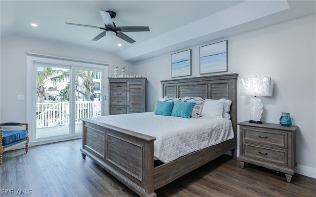 bedroom with access to exterior, ceiling fan, vaulted ceiling, and dark hardwood / wood-style flooring