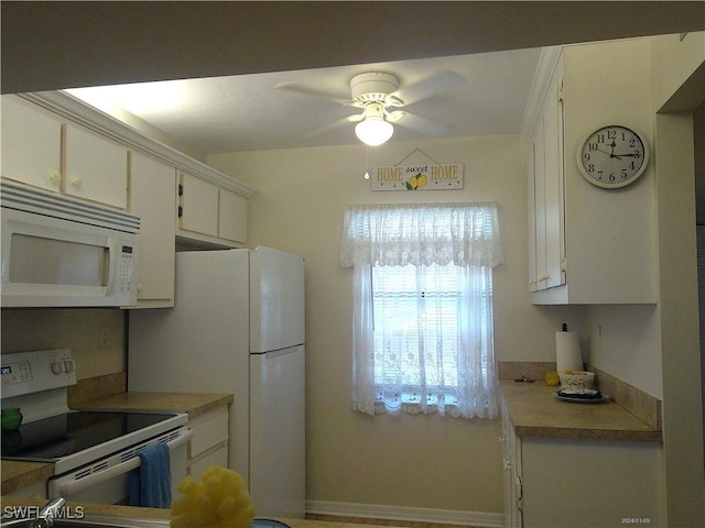 kitchen with a ceiling fan, white cabinets, white appliances, and light countertops