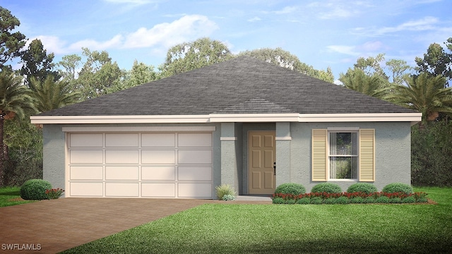 view of front facade featuring stucco siding, driveway, a garage, a front lawn, and roof with shingles
