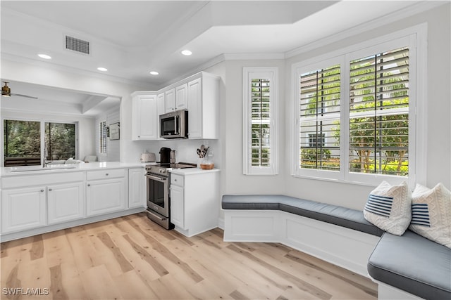 kitchen with appliances with stainless steel finishes, sink, white cabinets, a raised ceiling, and light hardwood / wood-style flooring