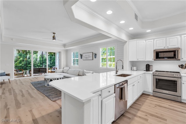 kitchen featuring stainless steel appliances, sink, white cabinets, and kitchen peninsula