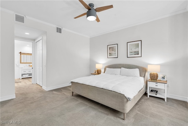 carpeted bedroom featuring crown molding, ceiling fan, and connected bathroom