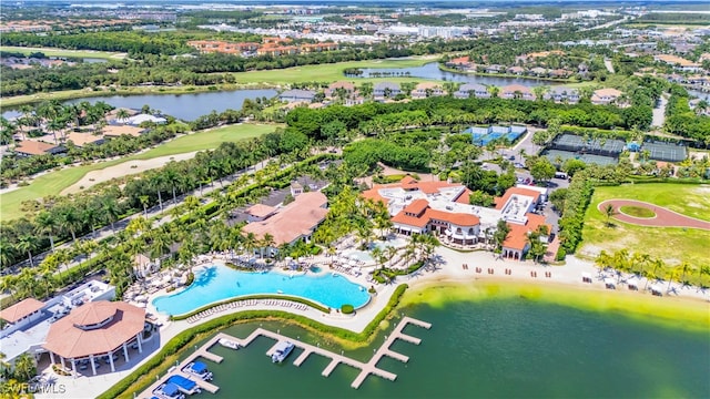 drone / aerial view featuring a water view