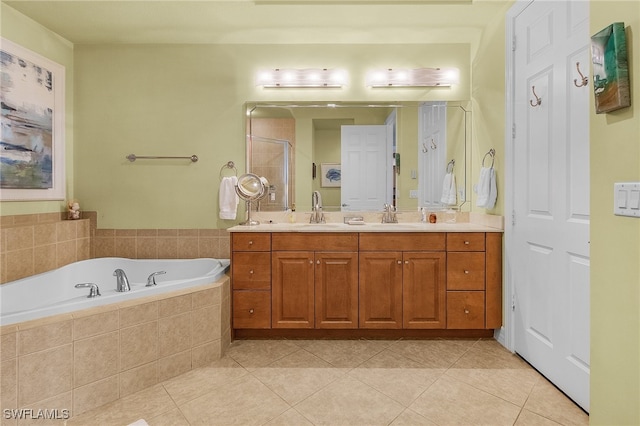 bathroom with vanity, separate shower and tub, and tile patterned floors