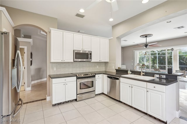 kitchen featuring white cabinets, sink, decorative backsplash, appliances with stainless steel finishes, and kitchen peninsula