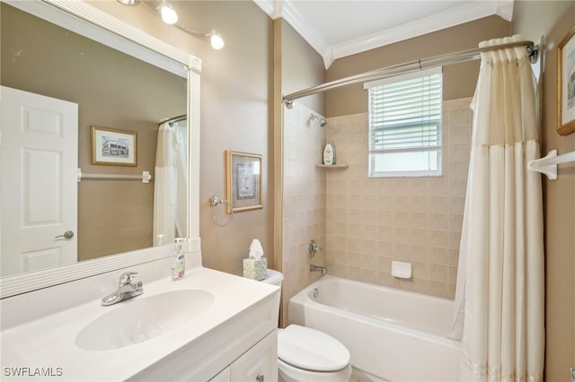 full bathroom featuring toilet, shower / tub combo with curtain, vanity, and ornamental molding