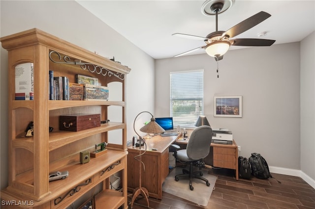 office with ceiling fan and dark wood-type flooring