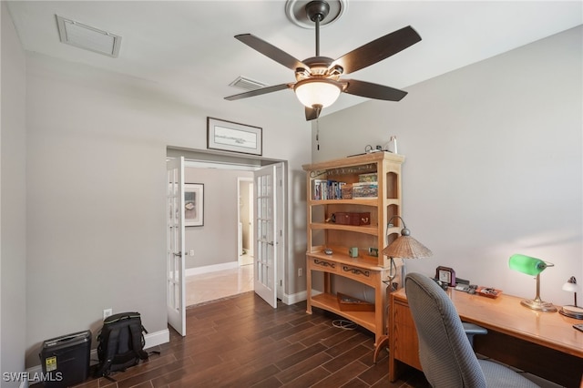 office area featuring ceiling fan, french doors, and dark hardwood / wood-style floors