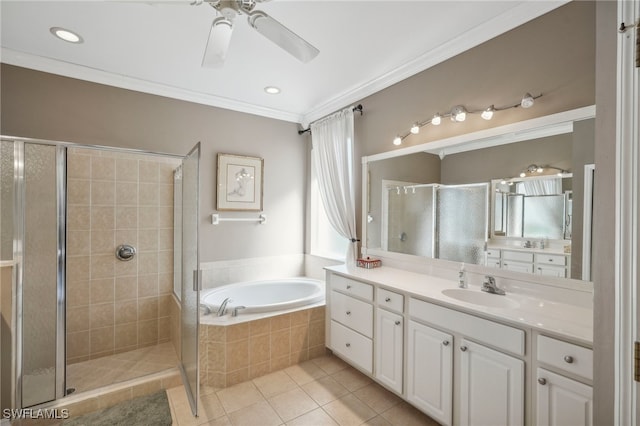 bathroom featuring tile patterned floors, crown molding, and plus walk in shower