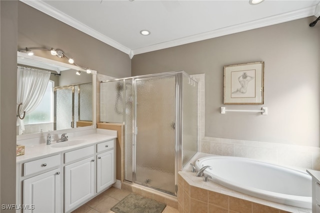 bathroom with tile patterned floors, vanity, crown molding, and independent shower and bath