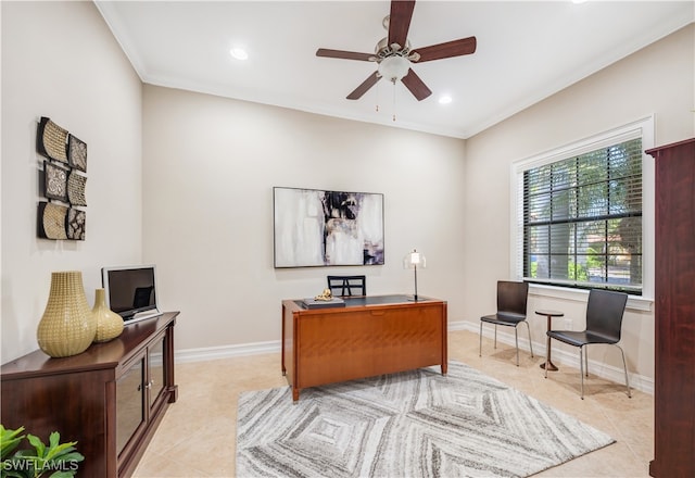 tiled office with ornamental molding and ceiling fan