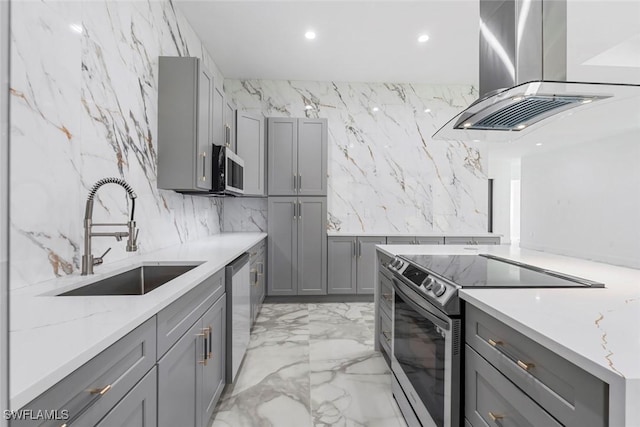 3421 16th Ave NE, Naples, FL 34120 - kitchen featuring a sink, appliances with stainless steel finishes, gray cabinets, and island range hood