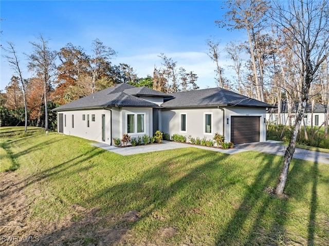 3421 16th Ave NE, Naples, FL 34120 - prairie-style home featuring a shingled roof, an attached garage, stucco siding, a front yard, and driveway