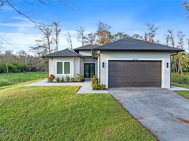 3421 16th Ave NE, Naples, FL 34120 - prairie-style home with driveway, roof with shingles, a front yard, a garage, and stucco siding