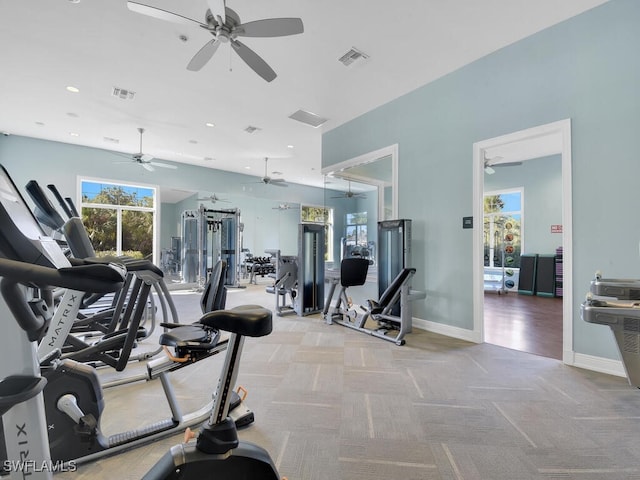 2739 Merida Ln, Cape Coral, FL 33909 - exercise room with visible vents, carpet flooring, ceiling fan, and a healthy amount of sunlight