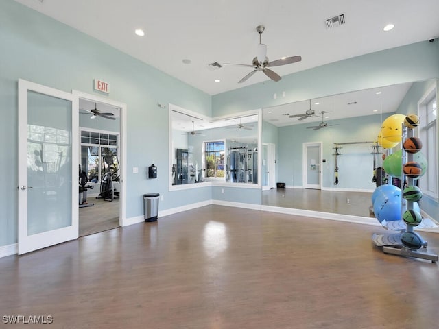 2739 Merida Ln, Cape Coral, FL 33909 - gym featuring a ceiling fan, wood finished floors, visible vents, and recessed lighting